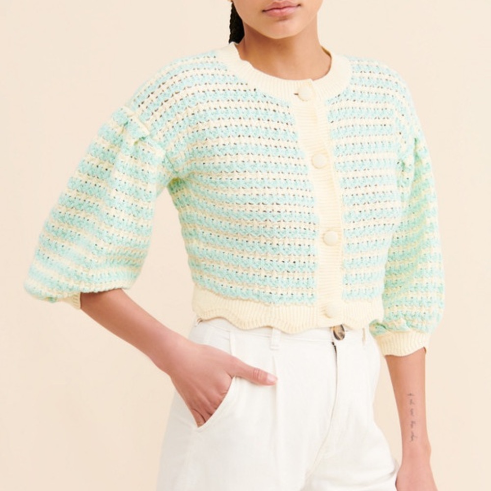 For Love and Lemons Lizzy Stripe crop button sweater M mint and cream